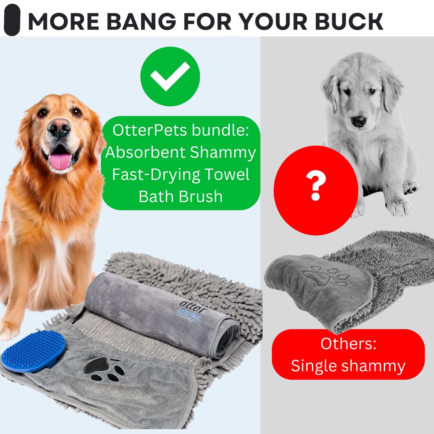 OtterPets 3 Piece Set: 2 Dog Towels and Dog Bath Brush. Dog Shammy and Microfiber Dog Towel. Super Absorbent Towels, Dog Bath Supplies, Dog Scrubber for Bath