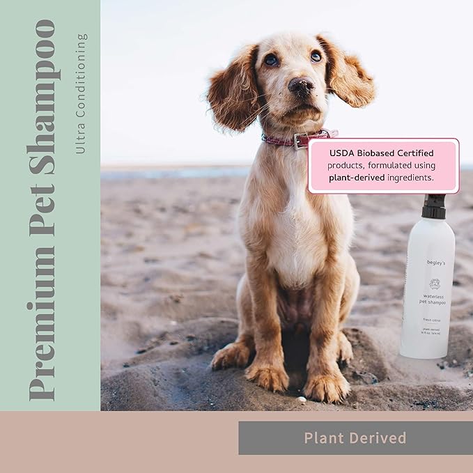 Begley's No Rinse Waterless Pet Shampoo, Bathless Cleaning, Deodorizing, and Odor Removal for a Shiny, Fresh Smelling Coat - Effective for Dogs, Puppies, and Cats - Fresh Tea Tree Scent