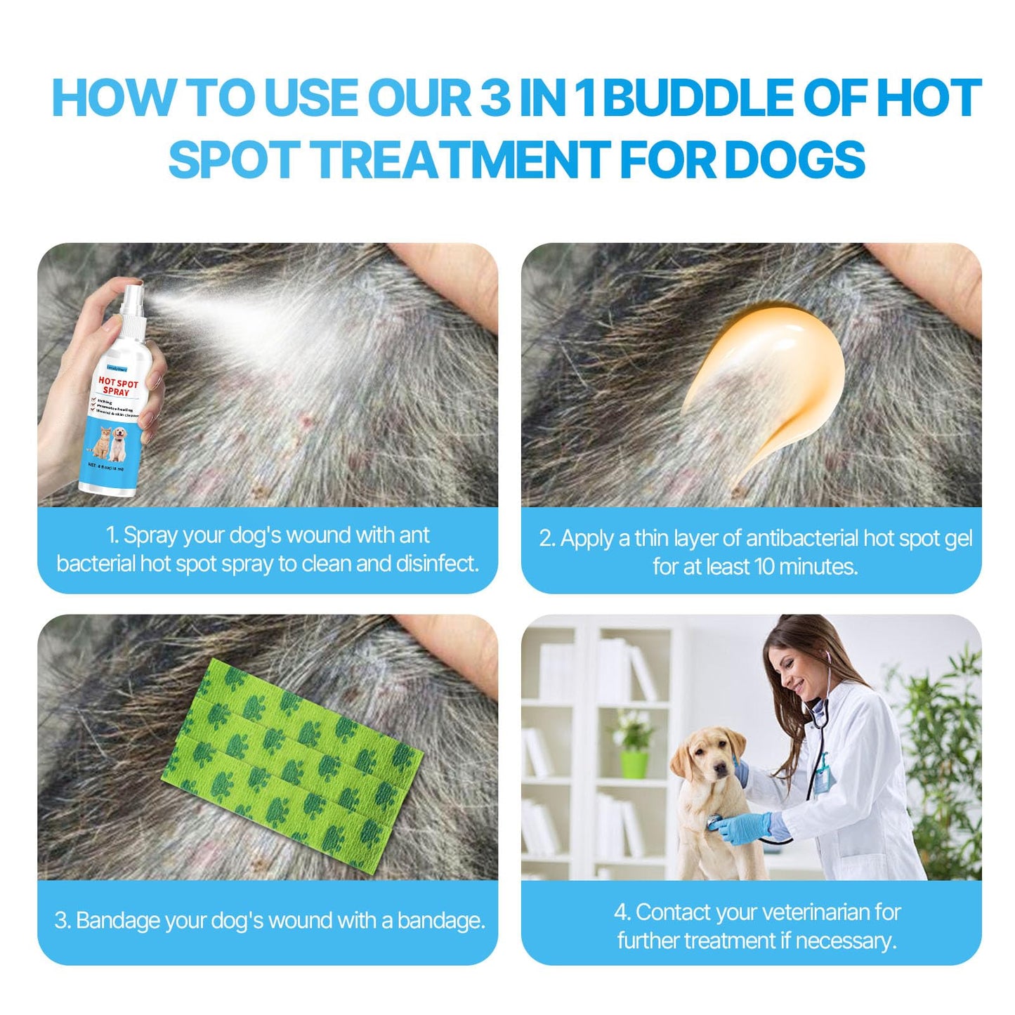 Hot Spot Treatment for Dogs and Wound Care Kit - 3 in 1 Hot Spot Spray & Gel Treatment for Dogs Cats Vet Wrap Cohesive Bandage - Hotspot Dog Wound Care for Skin Sores Safe & Non-Irritating for Pets