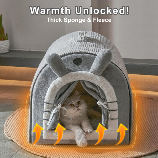 Jiupety Small Dog House Indoor, Dog Cave with Door Curtain Design, Puppy House with Reversible Washable Cushion, M Size Portable Pet Cave for Small Dogs Up to 12 Lbs, Non-Slip Bottom, Grey