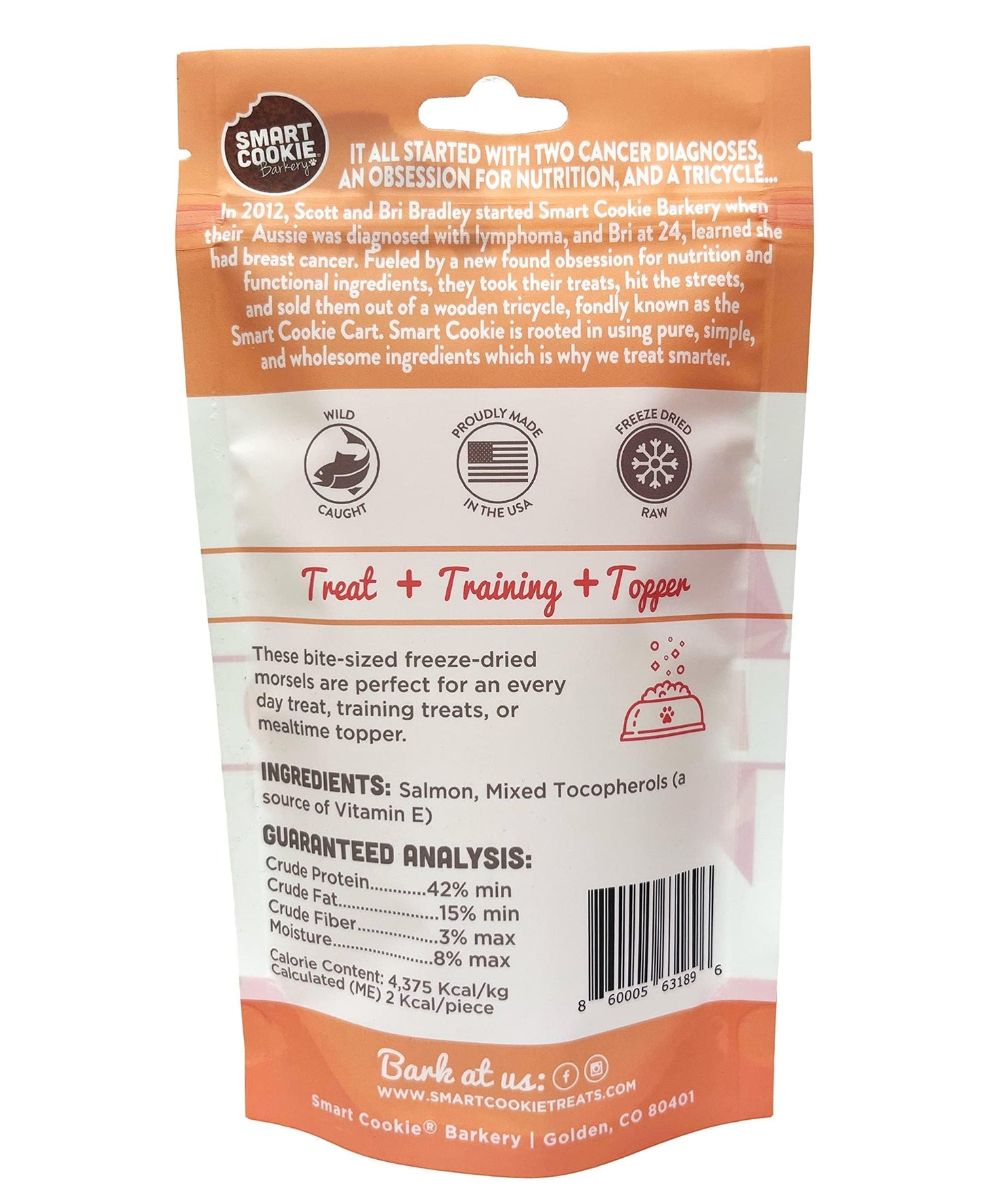 Smart Cookie Freeze Dried Salmon Bites - Single Ingredient Freeze Dried Treats for Dogs - Wild Caught Alaskan Salmon Dog Training Treats & Dog Food Topper - Made in USA - 2oz Bag, 3 Pack