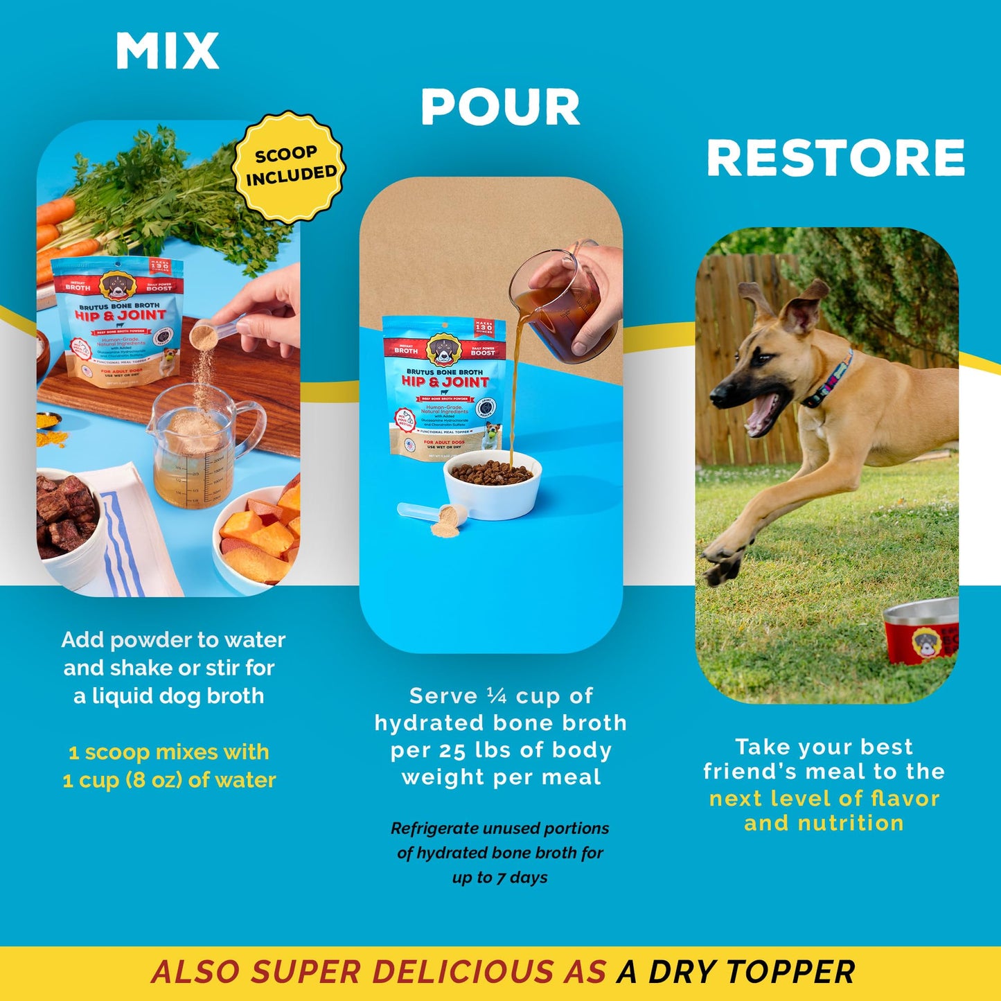 Brutus Bone Broth for Dogs Mega Pack (Beef) - All Natural Beef Broth Powder for Dogs - Toppers for Dry Food - Makes 130oz of Liquid Bone Broth