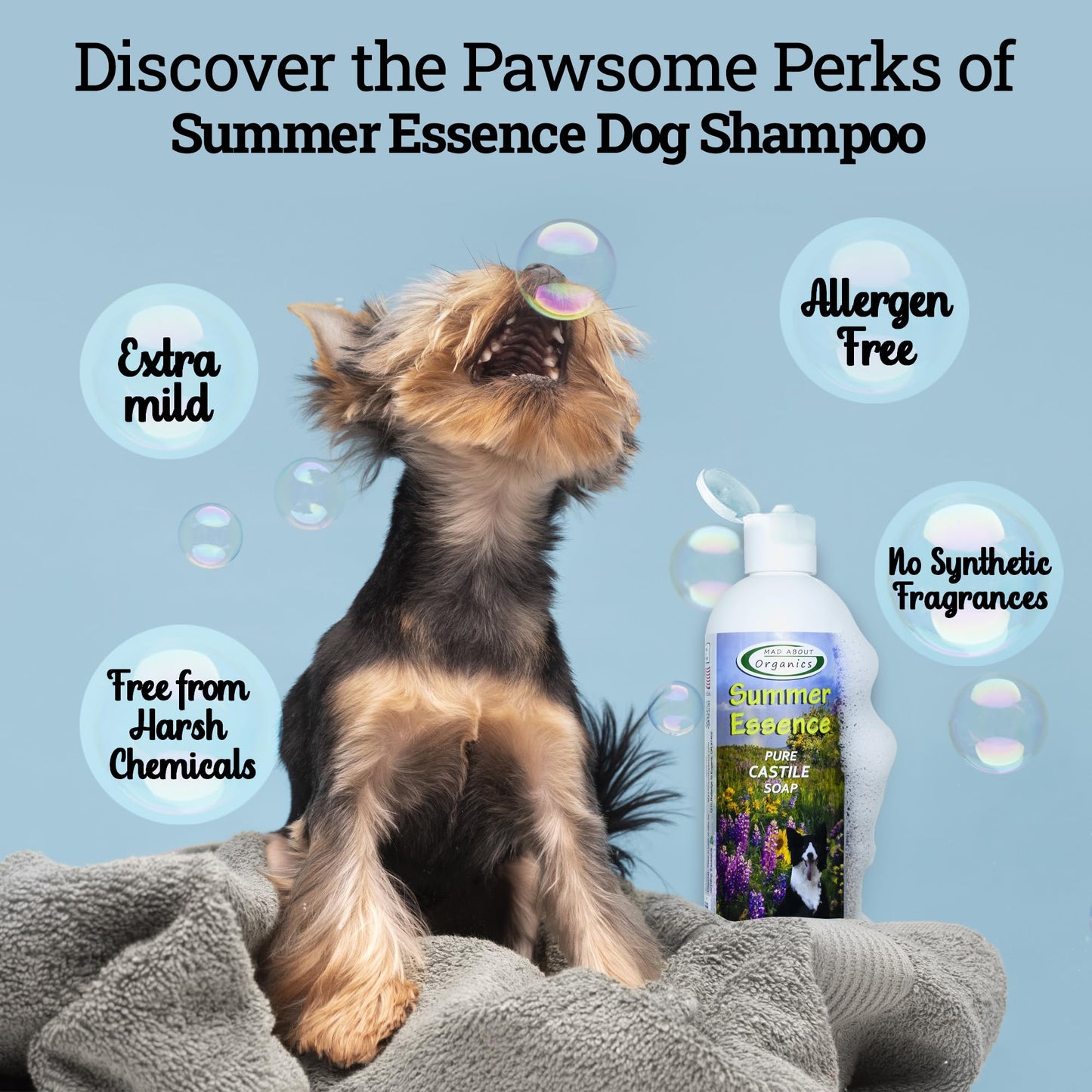 Mad About Organics Summer Essence Dog Shampoo - Pure Castile Soap with Botanical Fruit & Flower Oils, Gentle Formula for Delicate Skin, Mild and Calming for Dogs from 4 Weeks & Older, 16 oz