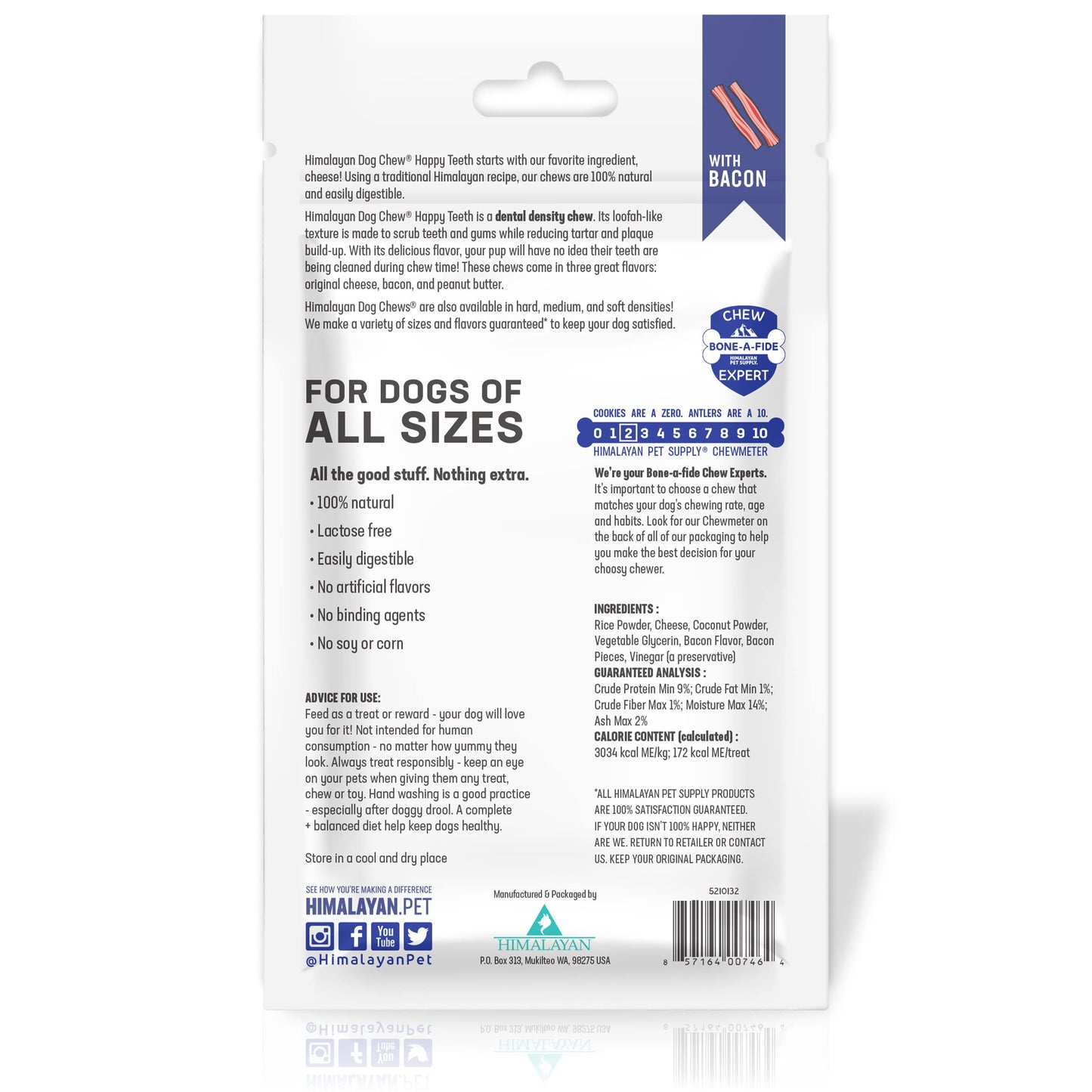 Himalayan Dog Chew Happy Teeth Yak Cheese, Soft Dog Chews, 100% Natural Soft Density Dental Treats, Gluten Free, Safe Treats for Oral Health, Lactose & Grain Free, Protein Rich, Bacon, 2 Count