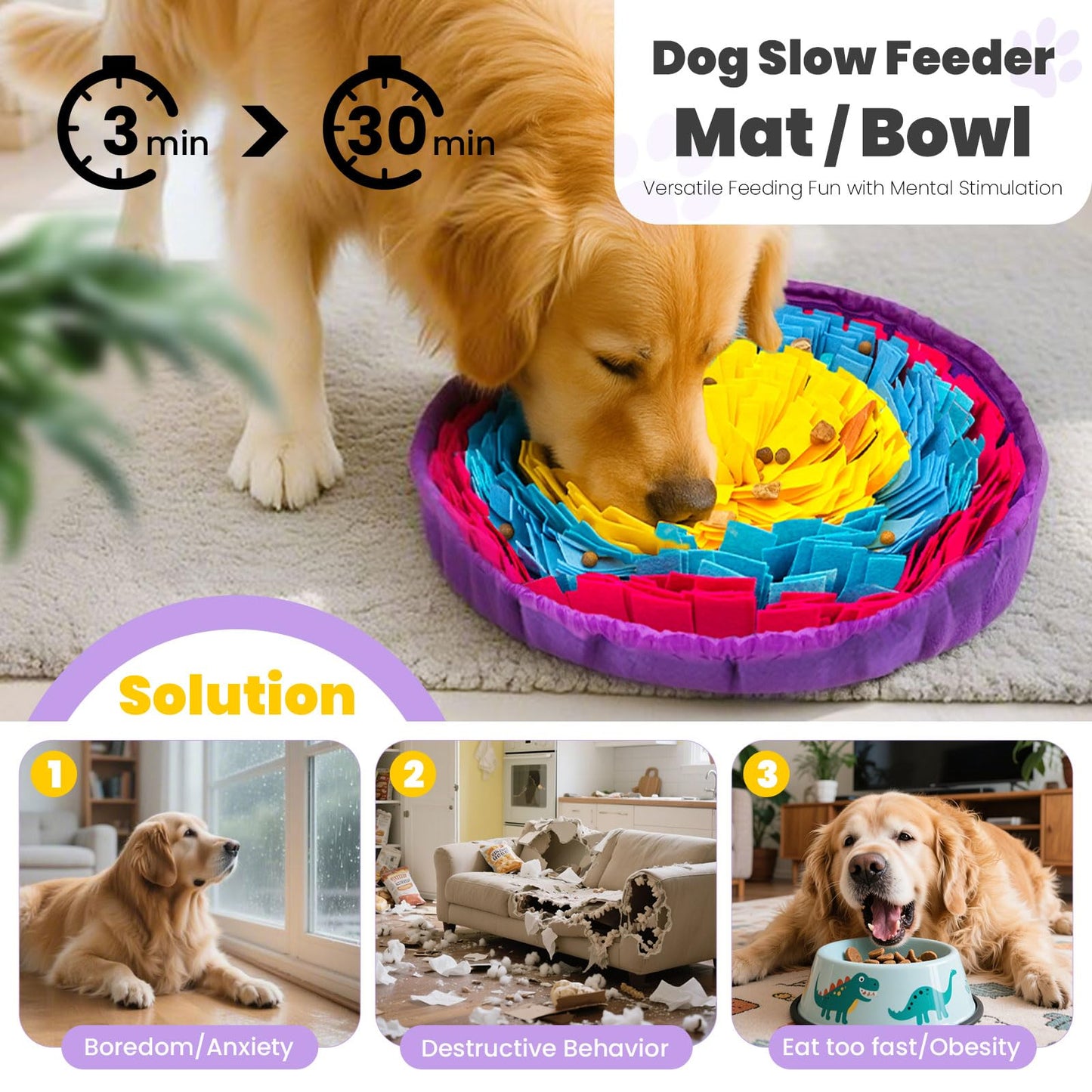 PETCARE Snuffle Mat for Dogs Adjustable Slow Feeder Bowl Interactive Enrichment Puzzle Toys for Small Medium Large Breed Dogs Cats Puppy Sniff Foraging Mats Mental Stimulation Treat Game, 19*19 inch