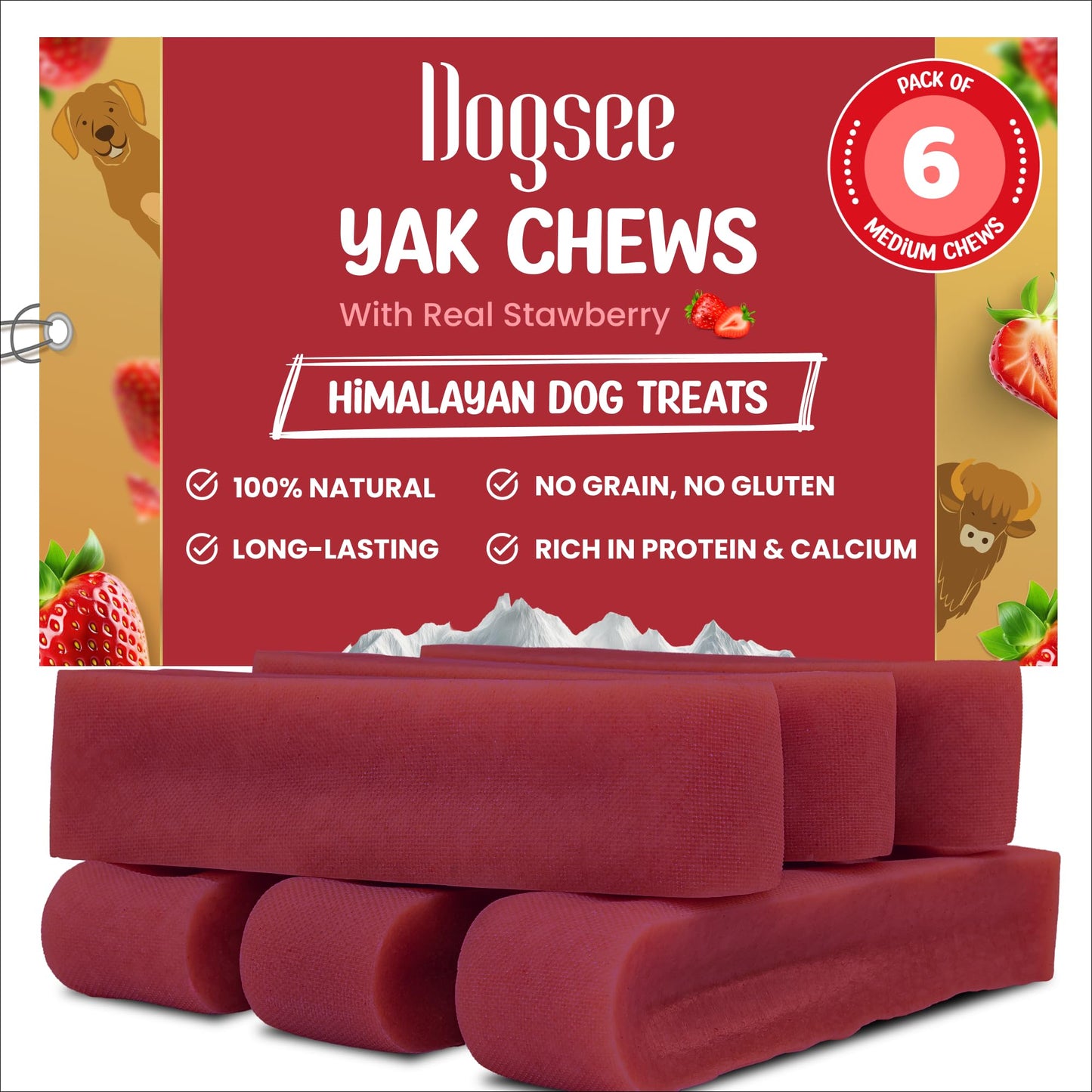 Dogsee Strawberry Flavor Himalayan Yak Cheese Dental Chews for Dogs 1lb (Medium - 6 Chews) | for Healthy Skin & Coat | No Grain, No Gluten | Odorless Dog Treats…