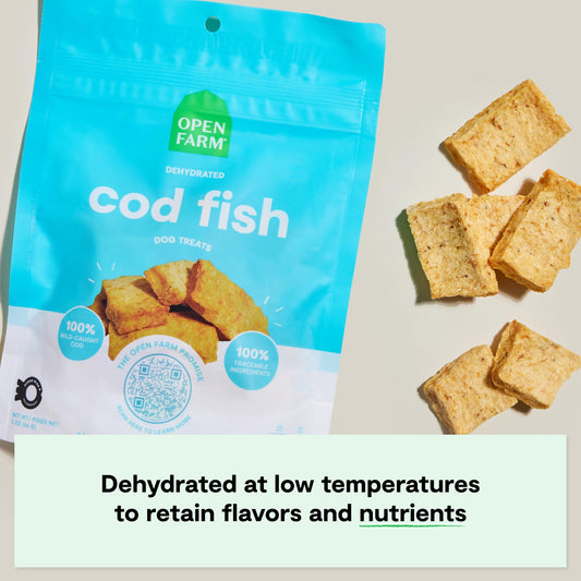 Open Farm, Dehydrated Dog Treats, High Protein & Low Carbohydrate Dog Snacks, Crunchy Texture, Single Ingredient Wild-Caught Cod Fish Recipe, 2oz Pouch