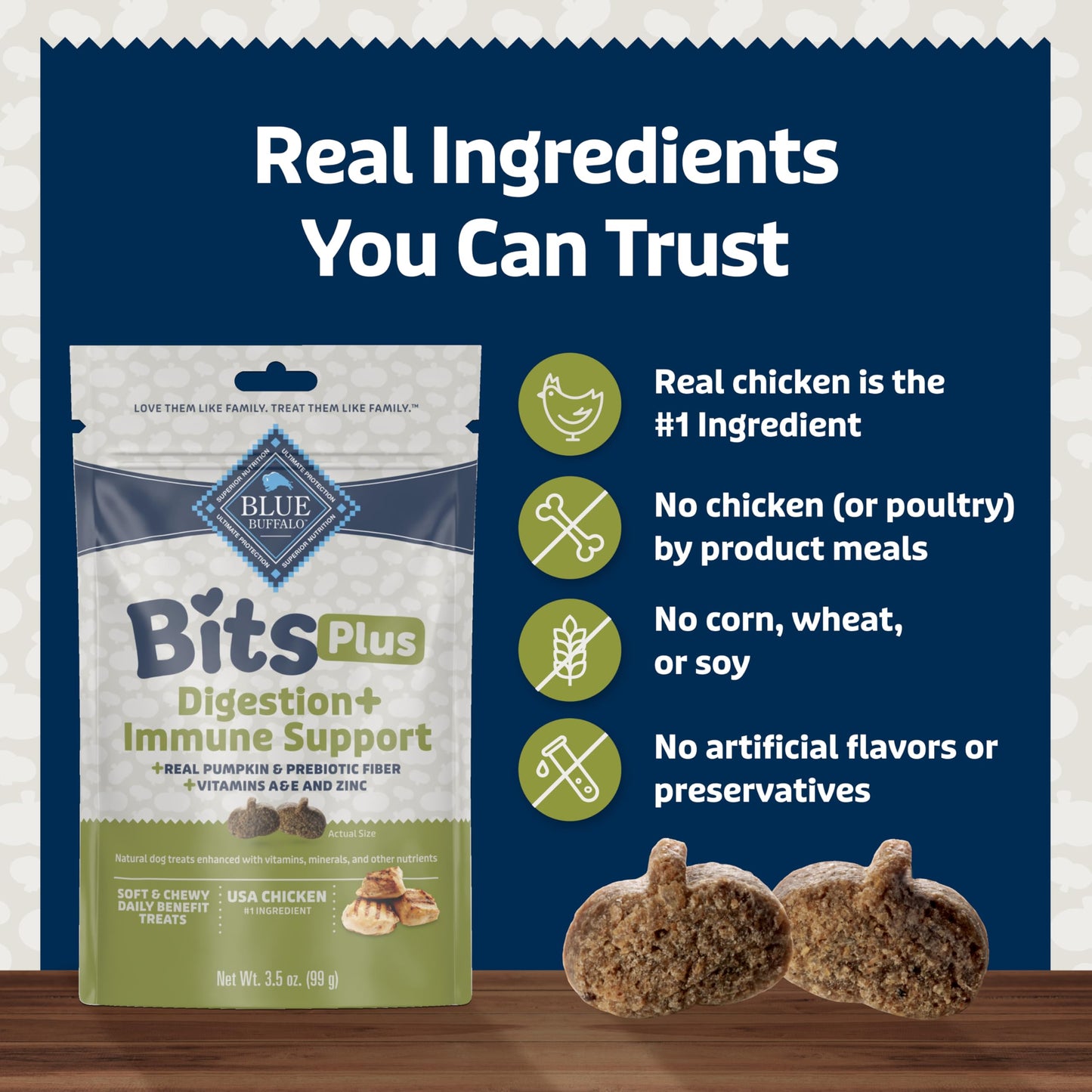 Blue Buffalo Blue Bits Plus Digestion and Immune Support Daily Benefit Dog Treats, Soft & Chewy Chicken and Pumpkin Morsels, 3.5-oz. Bag
