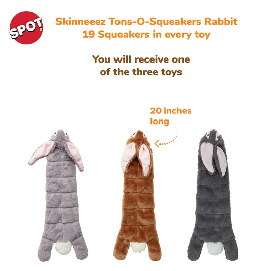 SPOT Skinneeez Tons-O-Squeakers Rabbit Dog Toy - with 19 Squeakers for Tons-O-Fun! Stuffing-Free Design is Great for Moderate Chewers, Tug Toy for Medium to Large Puppies & Dogs - 20in Color May Vary