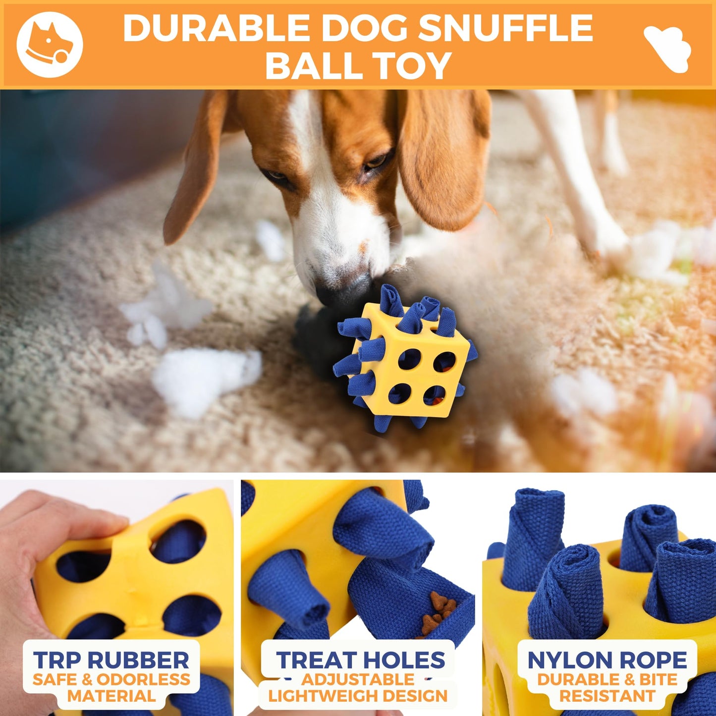 Fossa Dog Enrichment Puzzle Toy, Interactive Snuffle Ball for Dogs Encourage Stimulation Food Foraging Skill, Resistant Rope to Hide Treat for Aggressive Puppy, Small, Medium, Large Dog