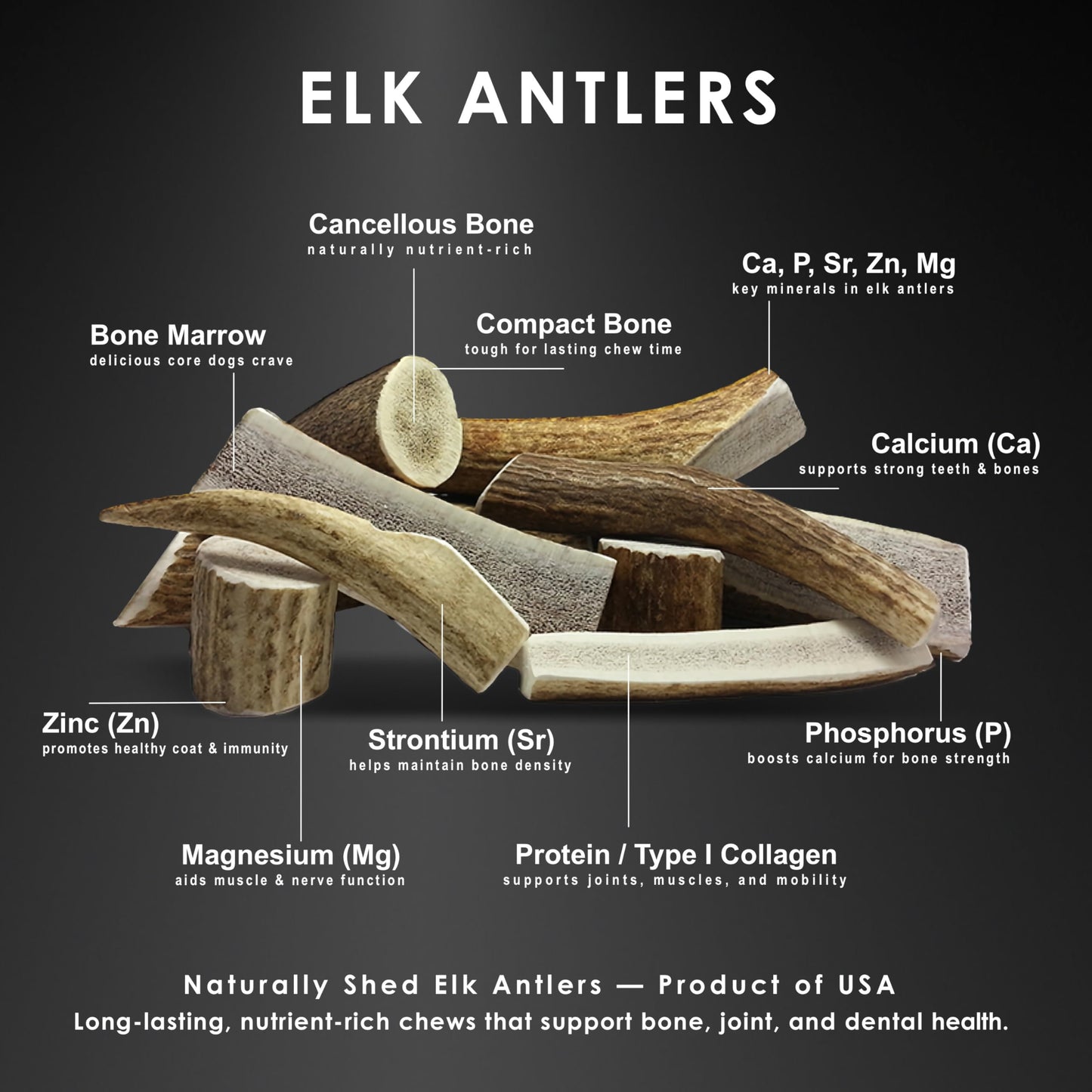 Deluxe Naturals Elk Antler Dog Chews | Long-Lasting A-Grade Premium Elk Antler Chews for Dogs from Naturally Shed Elk Antlers Collected in The USA, Split, Medium (Pack of 4)