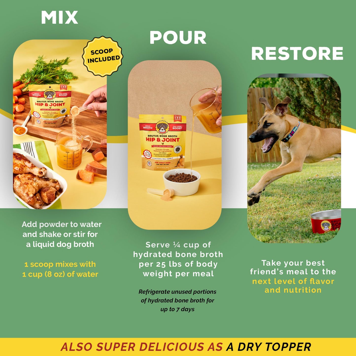 Brutus Bone Broth Hip and Joint Meal Toppers for Dogs Mega Pack (Chicken) - Bone Broth Powder with Chondroitin, Glucosamine & Turmeric - Makes 130oz of Liquid Bone Broth