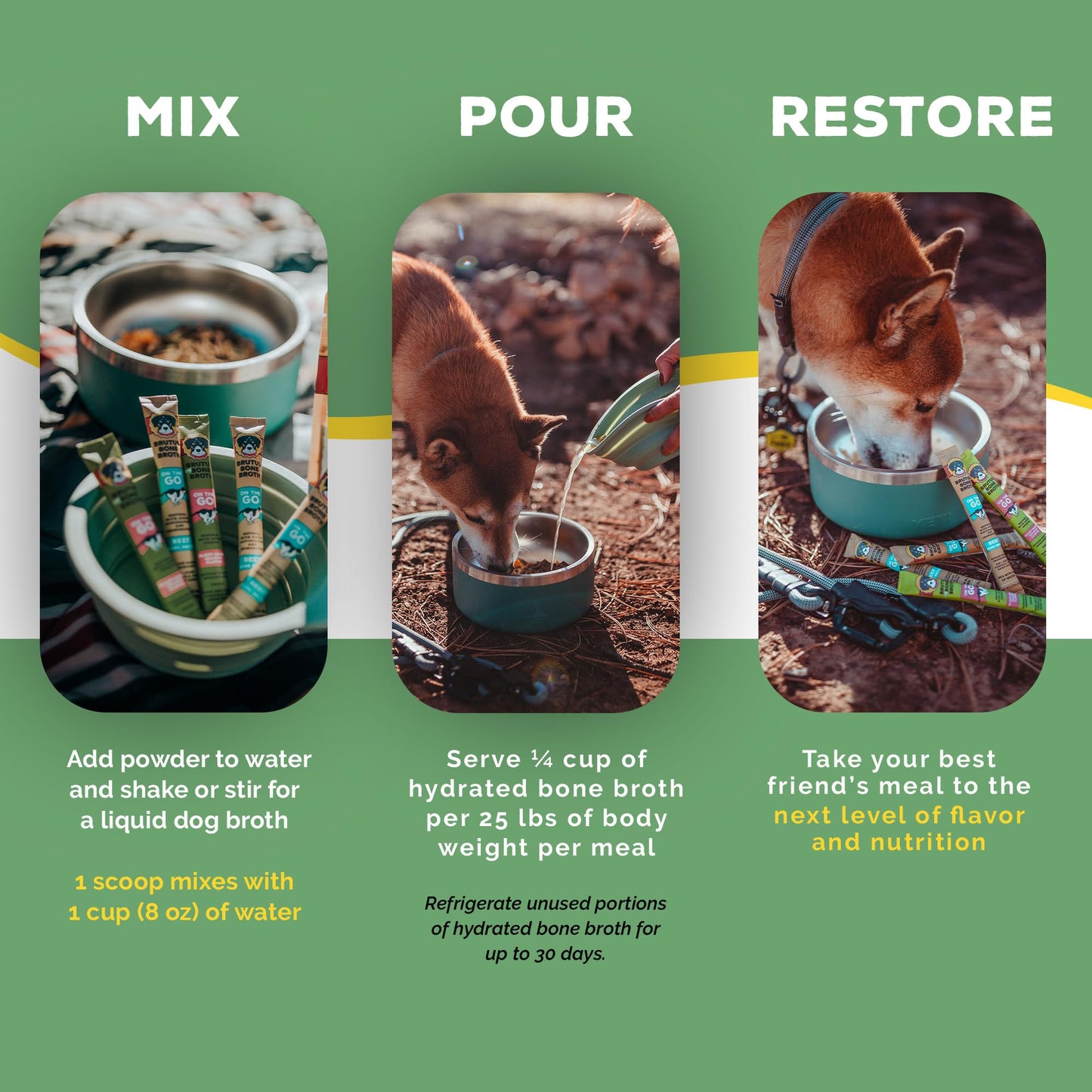 Brutus Bone Broth for Dogs - Bone Broth Powder with Chondroitin Glucosamine & Turmeric - Human Grade Food Toppers for Dry Food & Picky Eaters - 5 Stick (Chicken)