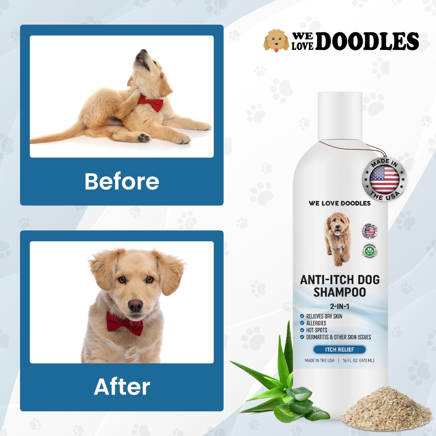 We Love Doodles Anti Itch Dog Shampoo and Grooming Comb - for Sensitive Skin, Dry Skin Treatment, Itching Skin, Allergy Relief, Removes Tangles & Matts, Detangler Comb for Matted Hair, Made in USA