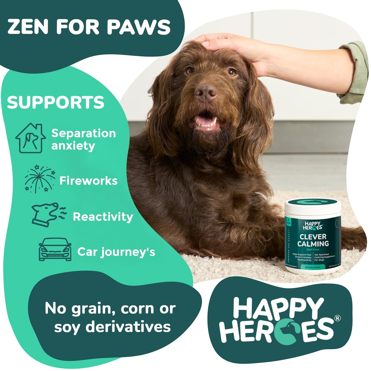 Happy Heroes - Clever Calming Chews for Dogs, 100% Natural Dog Supplement, For Anxiety Relief, Helps Stress, Fear, Hyperactivity, Reactivity, Beef Flavor Calming Dog Treats, Made in USA, 60 Soft Chews