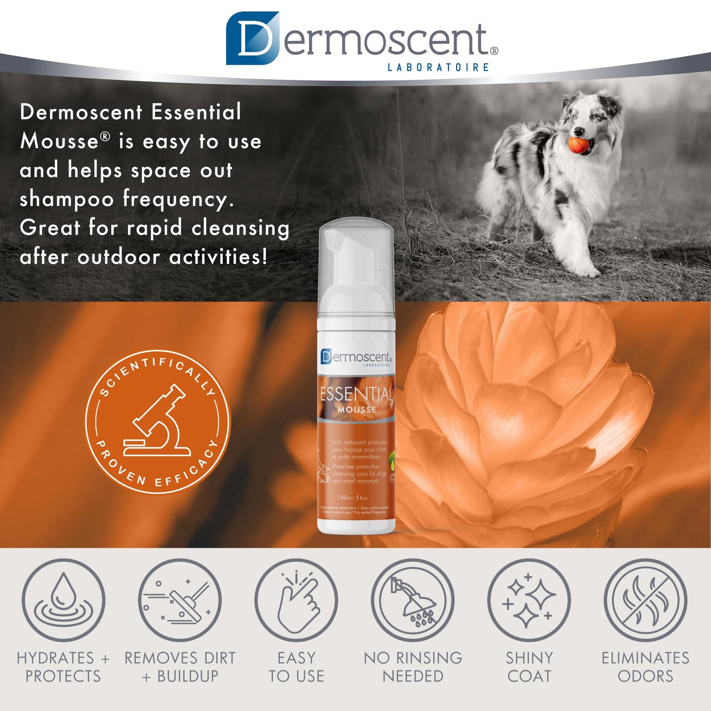 Dermoscent Essential Mousse - Dry Shampoo for Dogs & Small Mammals - Rinse Free Foam to Cleanse Skin & Coat - Odour Control for Smelly Pets - Soap Free - 150ml
