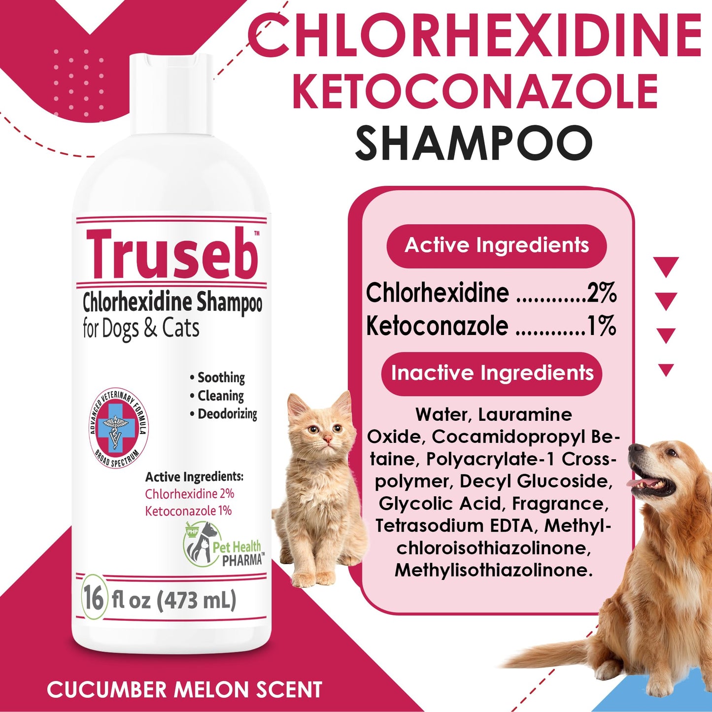 All Natural Ketoconazole & Chlorhexidine Shampoo for Dogs & Cats and Vet-Strength with a Light Scent (USA) (Ketoconazole & Chlorhexidine Shampoo, 32 oz) Made in U.S.A