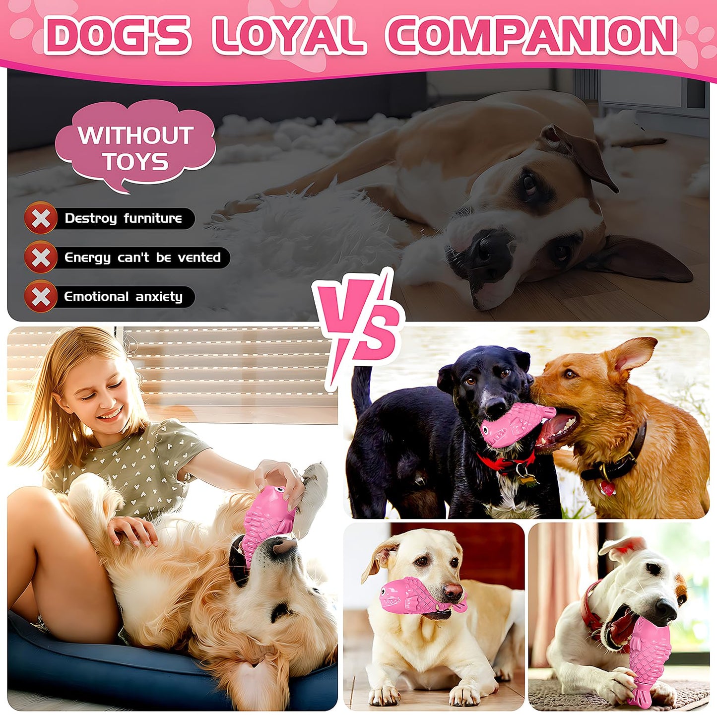 TonyEst Durable Dog Toys to Keep Them Busy - Tough Treat Dispensing Chew Toy with Bacon Flavor & Squeaker for Aggressive Chewers, Interactive Mental Stimulation for Large Breeds (Pink)