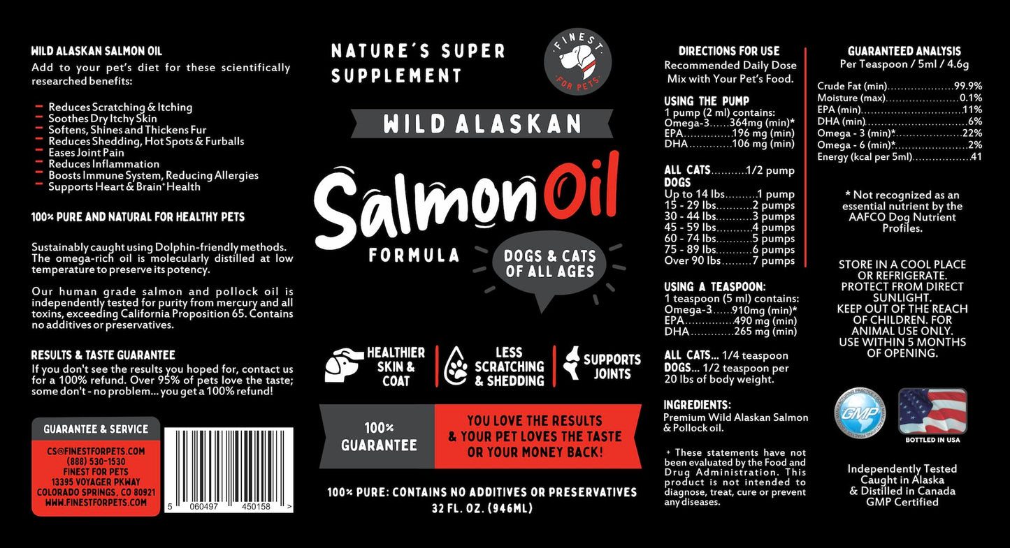 Finest For Pets Wild Alaskan Salmon Oil for Dogs & Cats - Omega 3 Fish Oil with Pollock & Salmon for Sensitive Skin & Coat Health. EPA & DHA Ease Itching, Supports Joint, Immune & Heart Health (32oz)