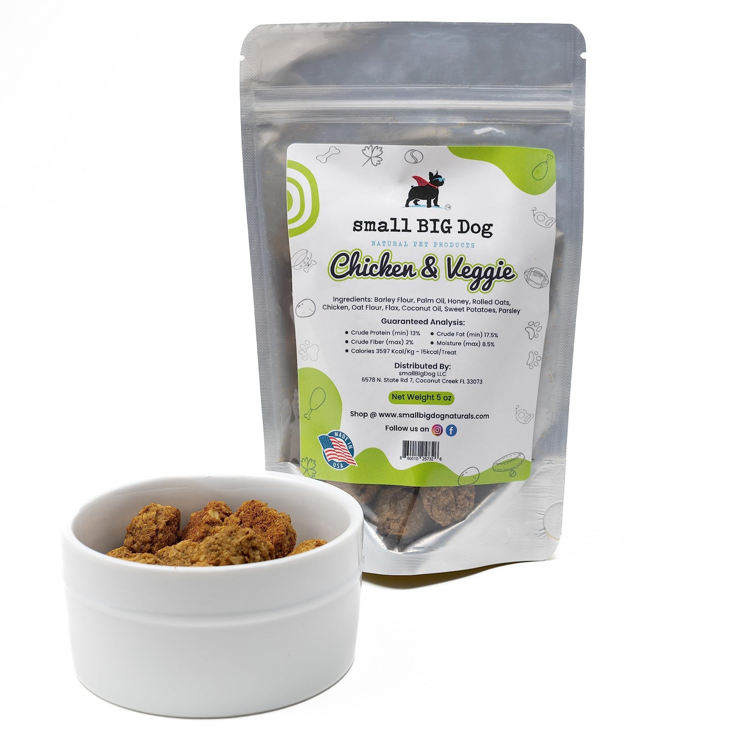 Small Big Dog Chicken & Veggie Treats, Soft, 5 oz., Wheat-Free, 100% Natural Ingredients, Delicious, Great for Senior Dogs and Those with Teeth Issues, Parsley Helps with Bad Breath, and Sweet Potato