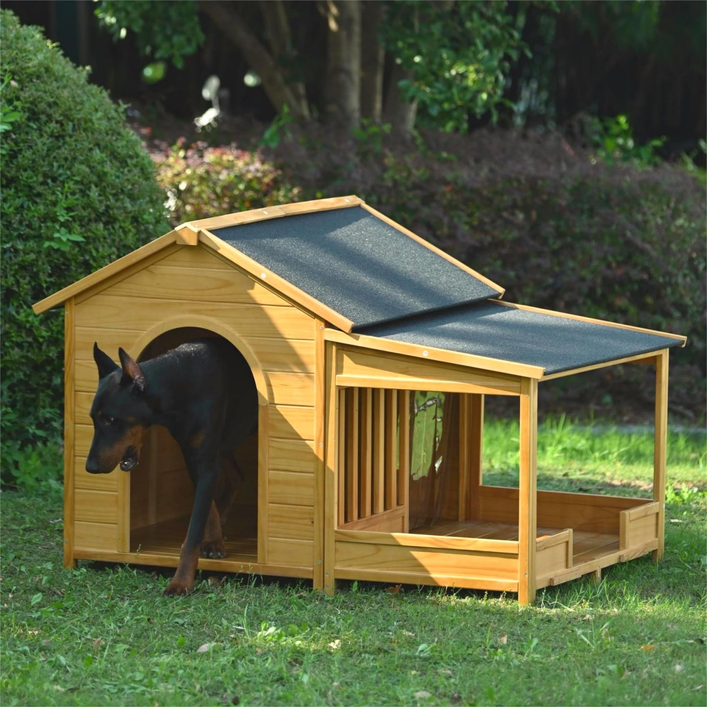 Merax 60.2" Wooden Dog House Outdoor, Extra Large Breed Outside Kennel with Weatherproof, Asphalt Roof, Elevated Floor, Fencing and Porch, for Medium & Large Dogs