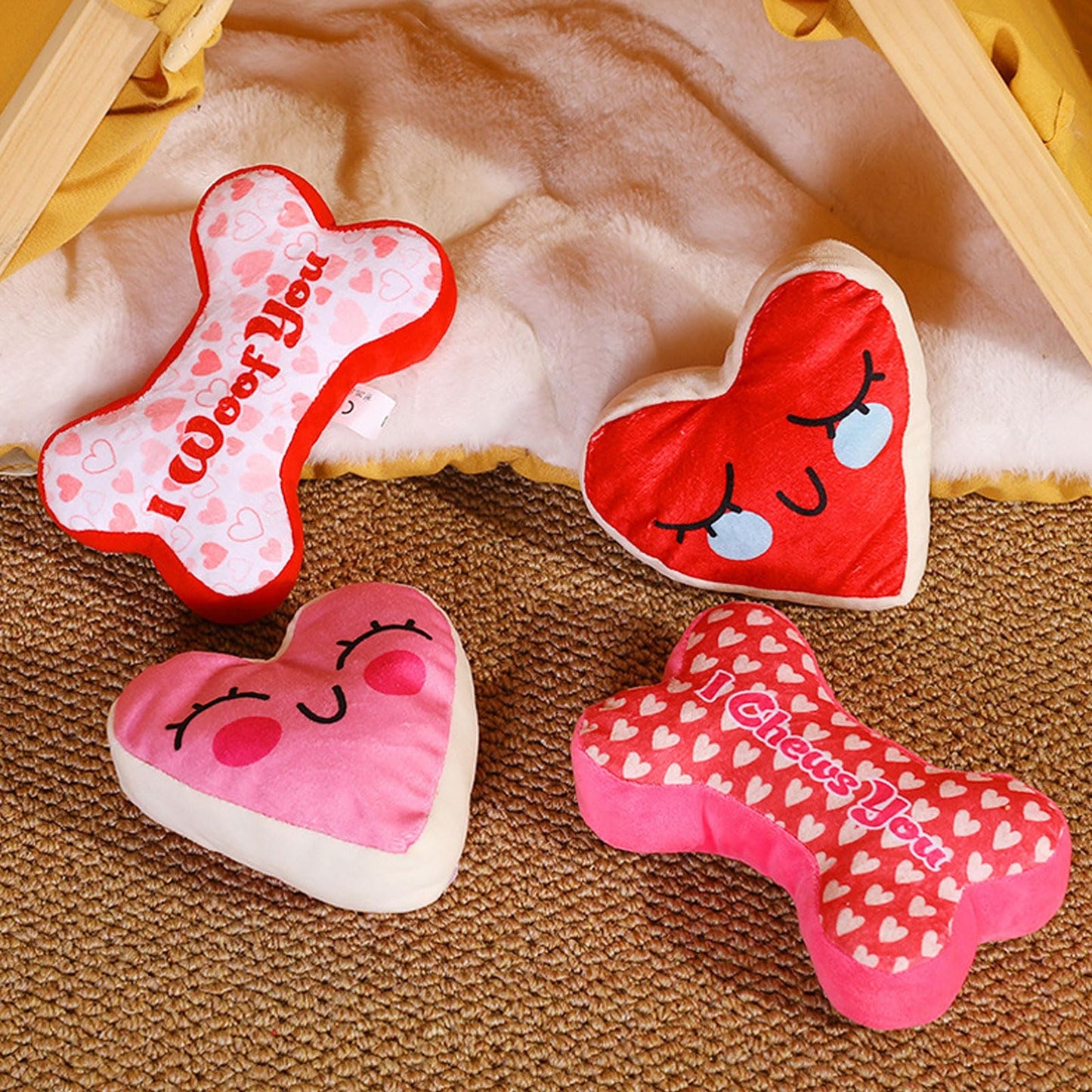 Mruq pet Pink Dog Toys, 4pcs Cute Fun Interactive Plush Squeaky Dog Toys, Red and Pink Bone and Heart Gifts Puppy Dog Teething Chew Toys for Small Medium Pet Dogs Teeth Cleaning