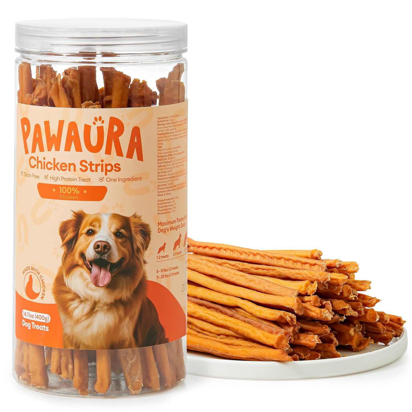 Pawaura Chicken Strips for Dogs, Single Ingredient Dehydrated Chicken Jerky Sticks Training Treats for Puppy to Large Dogs 14.1 oz