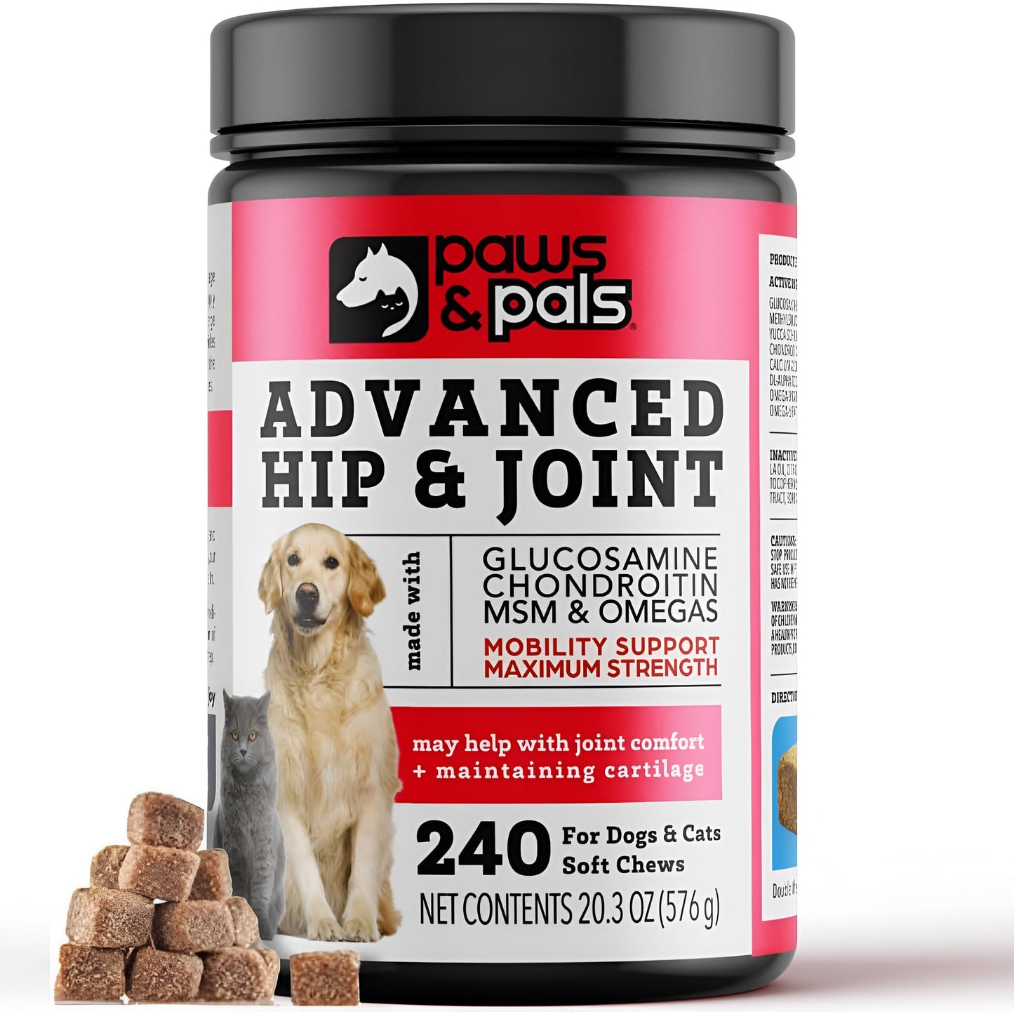 Paws & Pals Glucosamine Chondroitin MSM for dogs 240 Count, Hip and Joint Mobility Soft Chews Supplement, Pain & Inflammation Relief for all breeds - Maximum Strength, Treats Hip Dysplasia & Arthritis