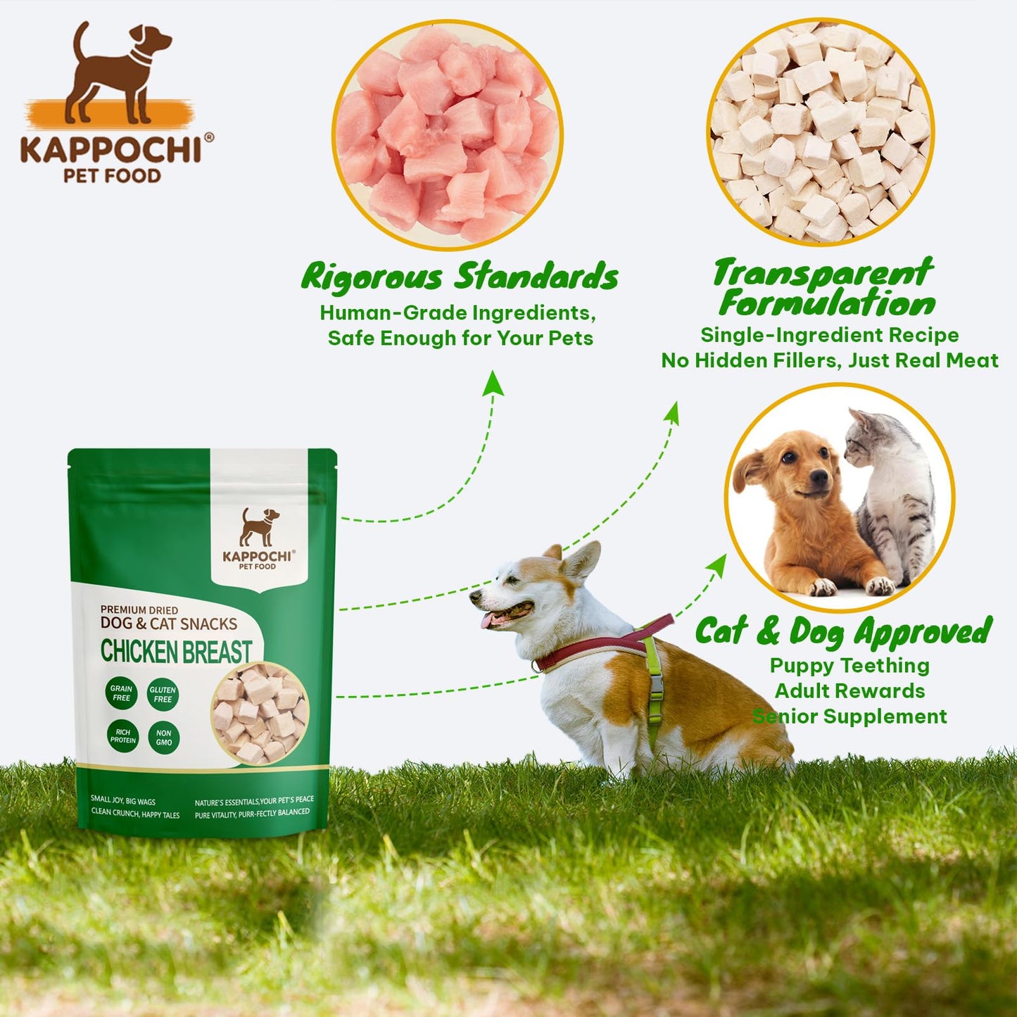 KAPPOCHI Freeze-Dried Chicken Breast Dog Treats, 3.5oz(100.0g), 100% Single Ingredient, Low Fat, High Protein Training Treats, Natural & Raw, No Additives, Grain Free, Gluten Free