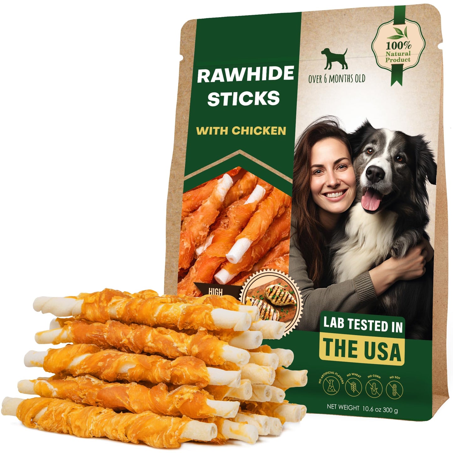 Dog Treats Rawhide Sticks 11 oz Wrapped with Chicken Pet Natural Chew Treats - Grain Free Meat & Human Grade Dried Snacks - Best for Small & Large Dogs (10.6 Ounce (Pack of 1), Rawhide Sticks)
