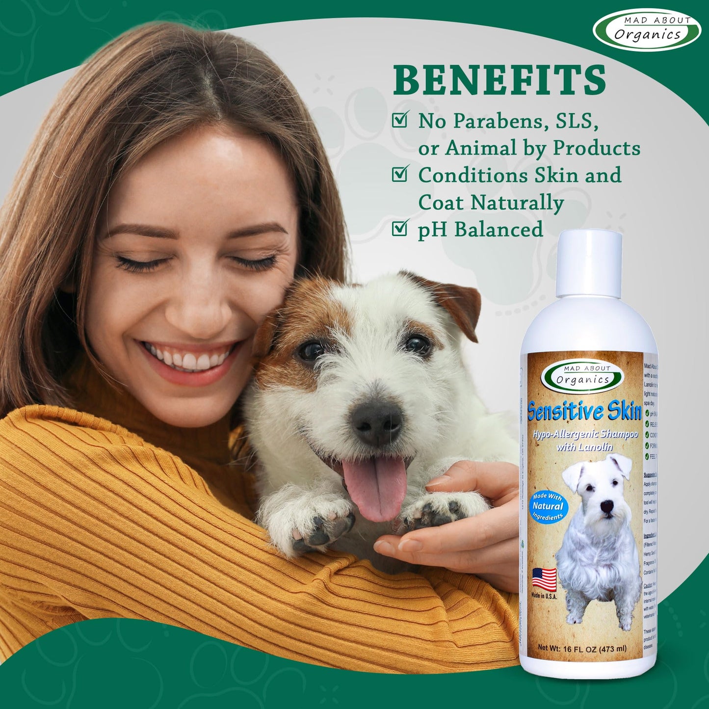 Mad About Organics Dog Shampoo for Sensitive Skin - Lanolin-Enriched Formula - pH Balanced to Support Natural Oils - Light Citrus Scent - Suitable for All Dogs - Moisturizes and Softens Coats - 16 oz