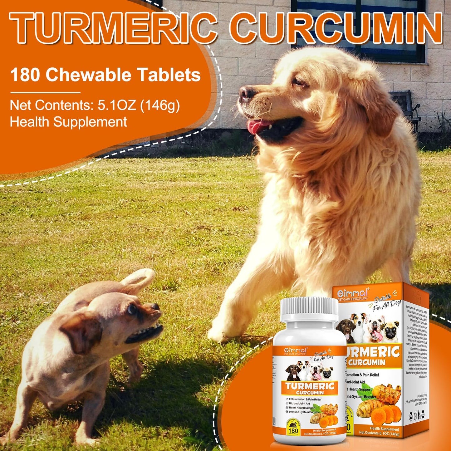 Uruses Turmeric Curcumin for Dogs, Hip & Joint Support, Heart Health Support, Immune System Booster, Dog Joint Supplement for All Ages Breeds & Sizes, 180 Chewable Tablets, Peking Duck Flavor