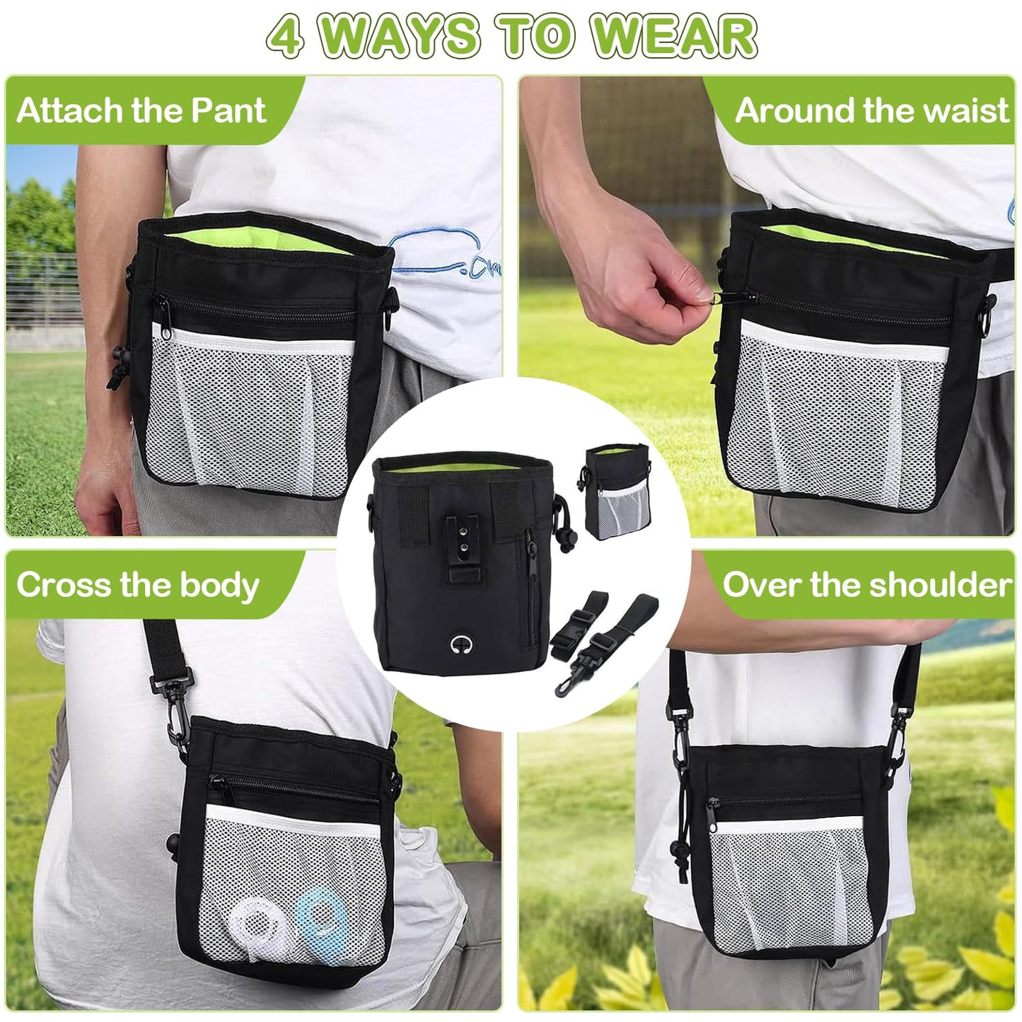 JIURUN Dog Treat Pouch for Pet Training - Dog Treat Bag (Black) - Dog Training Kit, Dog Clicker for Training, Silicone Treat Bag, 2-in-1 Whistle Clicker, Collapsible Dog Bowl, 2 Dog Poop Bag