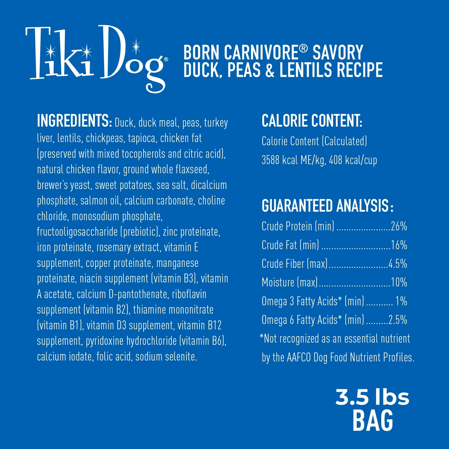 Tiki Dog Born Carnivore for Dogs, Savory Duck, Peas & Lentils Recipe, Grain Free Baked Kibble for Maximum Nutrition, For Adult Dogs and All Size Breed Dogs, 3.5 lbs Bag(Pack of 1)