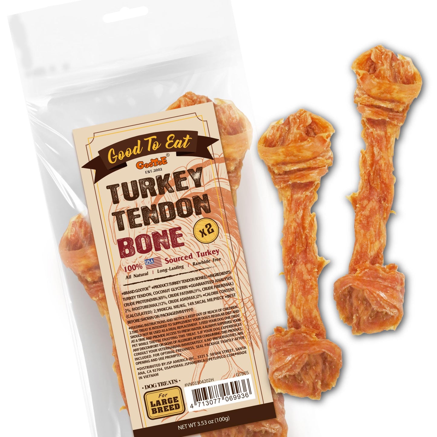 Gootoe Turkey Tendon Dog Treats, Bone (L) 3.53 oz, USA-Sourced Turkey Tendon, Natural Snack, Premium Puppy Chews, Hypoallergenic, Reseal Value Bags, Size for Large Dogs