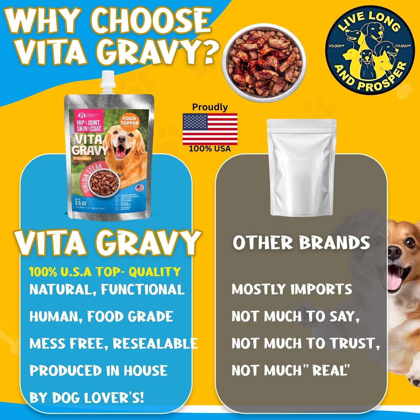 Healthpro VitaGravy® Dog Food Topper, Natural Dog Treat. Real, Sirloin Steak Purée Delicious and Delightful. Dogs Love its Irresistable Real Human, Food-Grade Ingredients! 3.5oz, 3 Pk
