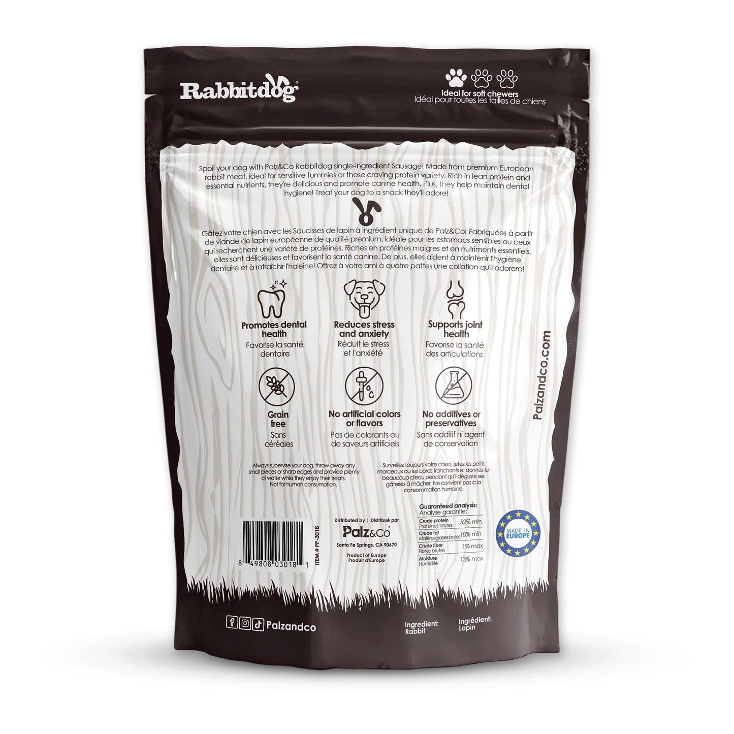 Rabbitdog Rabbit Sausage Dog Treats - 8 Pack of 100% Natural Single Ingredient Chews, Grain Free, High Protein, Soft & Chewy Texture