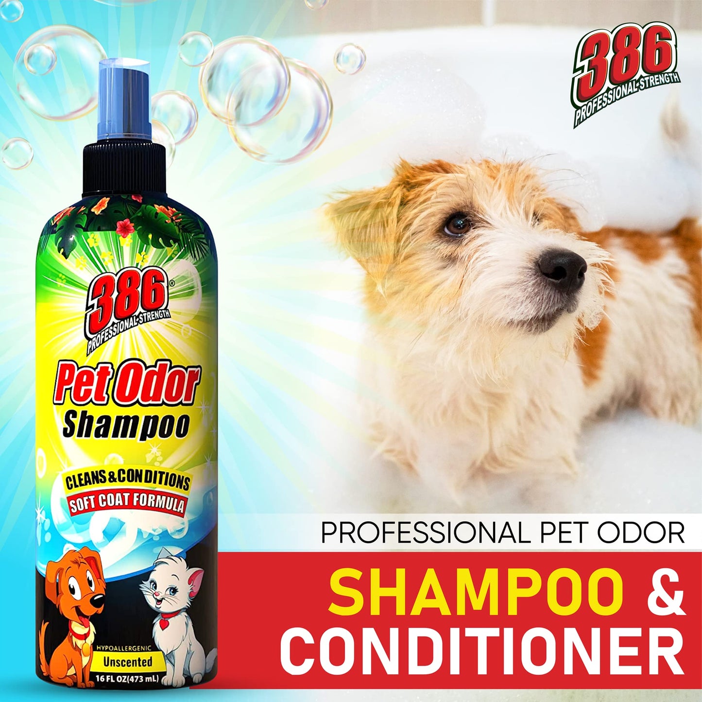 386 Professional Strength Dog Shampoo and Conditioner – 16 FL Oz Pet Odor Dog Shampoo for Smelly Dogs – Soft Coat Formula with Safe Ingredients – Unscented Hypoallergenic Dog Shampoo