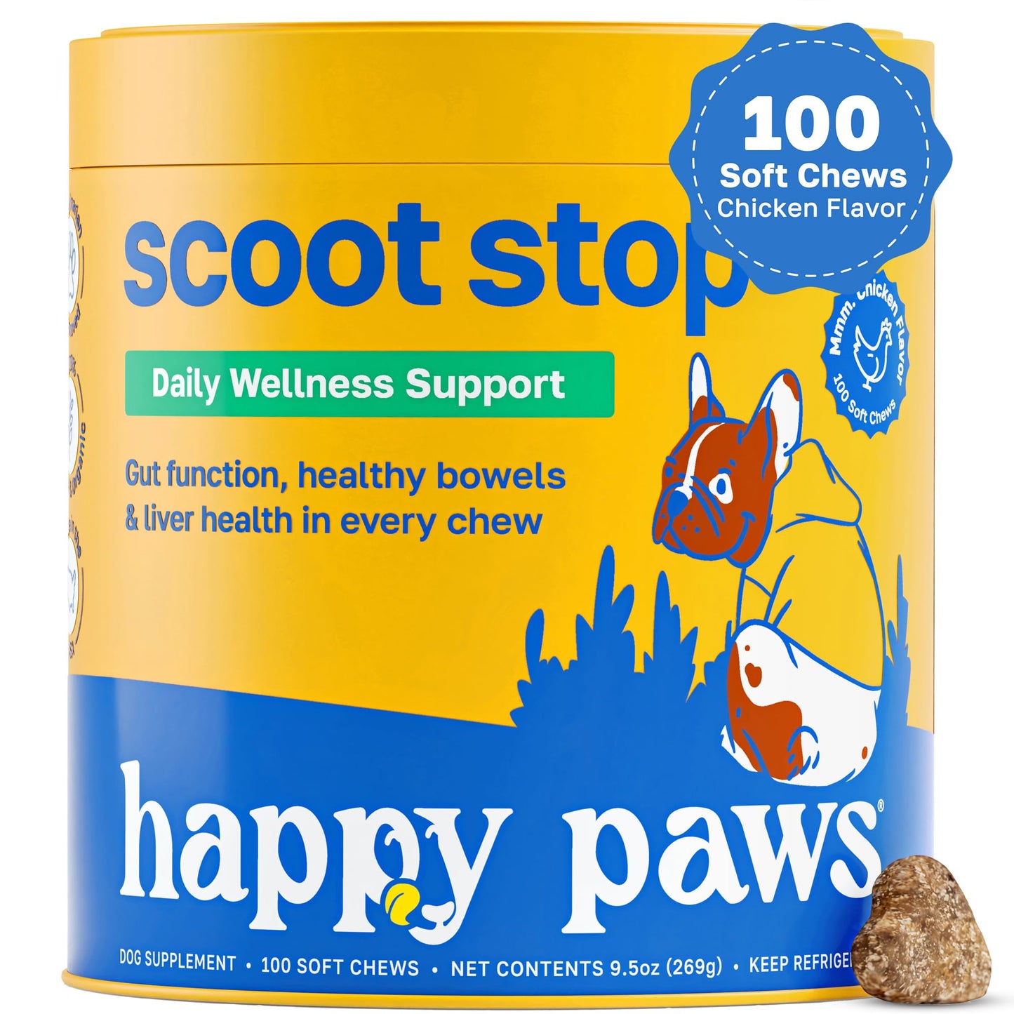 Happy Paws Scoot Stop Dog Chews, Anal Gland Support for Dogs, Soft Chews with Coconut Oil, Pumpkin, Sweet Potato & Sea Kelp for Healthy Digestion, Organic, Non GMO, Vegan, Chicken Flavor, 100 Count