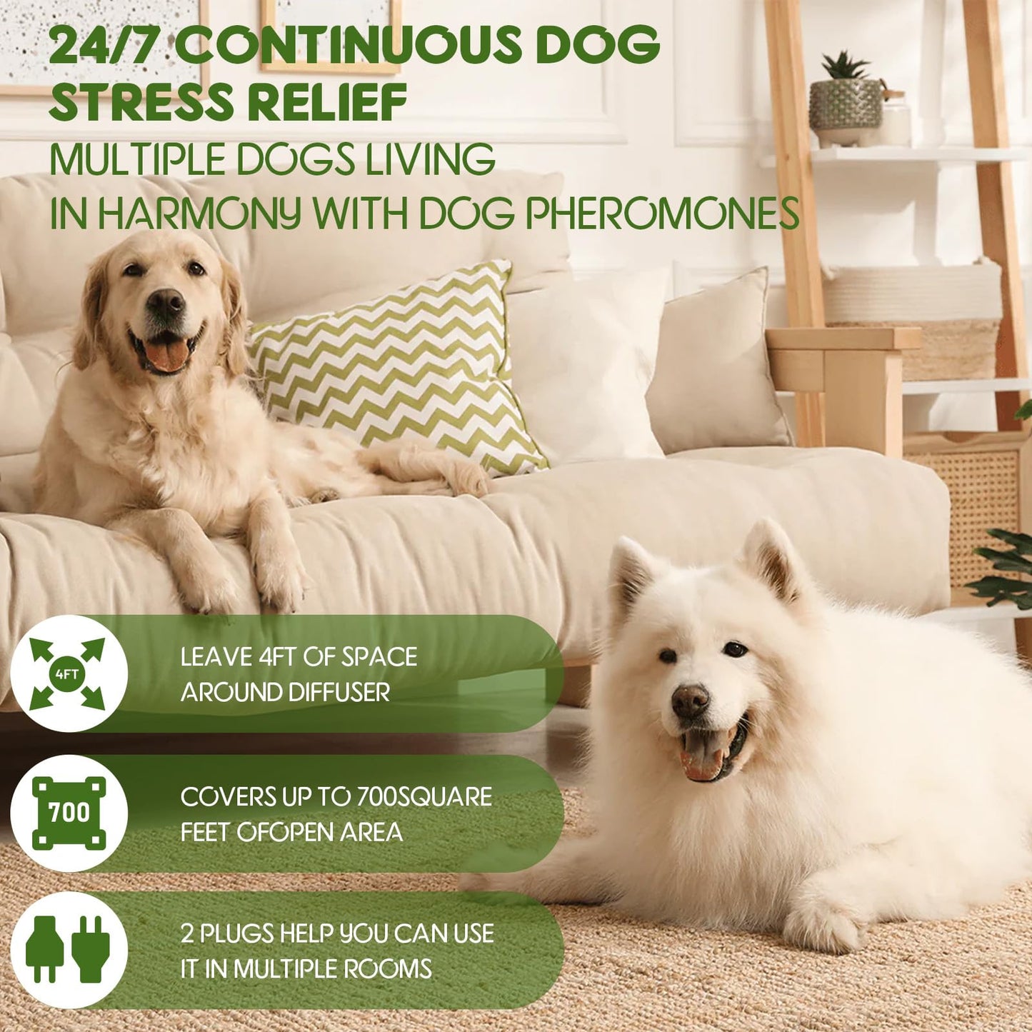 80S Calming Diffuser for Dog, Dog Pheromones Calming Plug in Diffuser, Stop Peeing, 30 Days Continuous Stress & Anxiety Relief for Dogs, Barking, Fear of Thunderstorms, 2 Diffuser 2 Refill