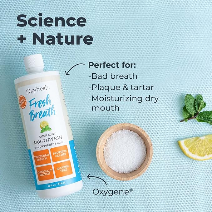Oxyfresh Premium Lemon Mint Fresh Breath Mouthwash – Oral Rinse for Bad Breath – SLS & Fluoride Free Mouthrinse – Alcohol Free, Gentle Non Burning Mouthwash with Xylitol & Essential Oils, 1 Gallon