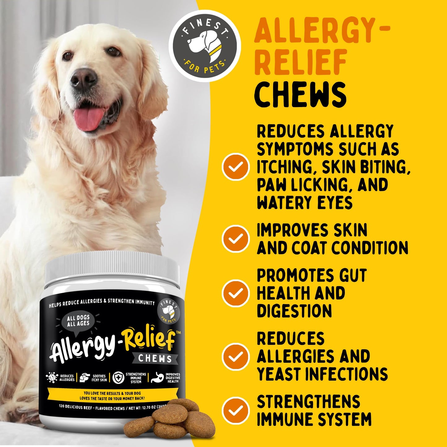 Finest For Pets Dog Allergy Relief - Dog Allergy Chews Itch Relief, Seasonal Allergy Support for Itchy Skin, with Omega 3, Pumpkin & Probiotics (120 Soft Chews)