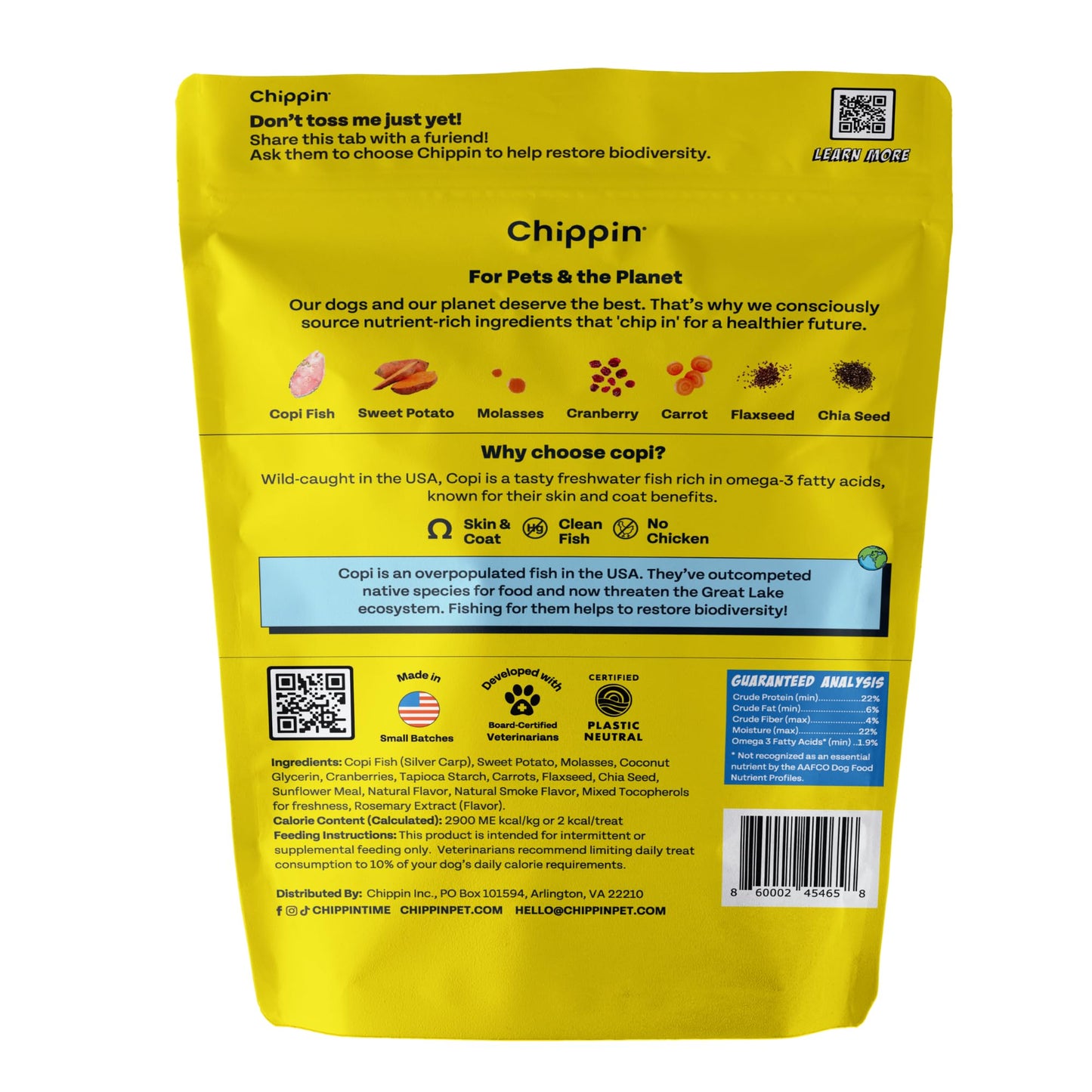 Chippin Fish & Sweet Potato Dog Training Treats (5oz, 1-Pack) | Natural Low-Fat, Low-Calorie Treats | Made in The USA | Grain-Free, Hypoallergenic, Chicken-Free Soft & Chewy Small Dog Treats