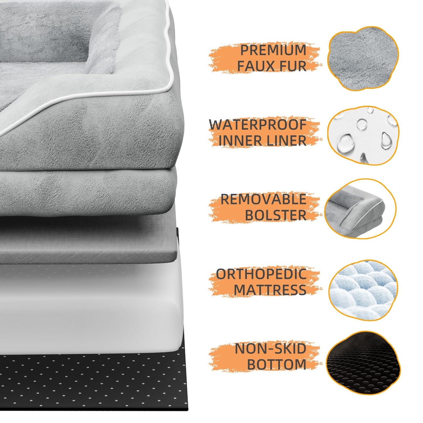 Simple Trending Orthopedic Dog Beds for Extra Large Dogs, L Waterproof Memory Foam Pet Bed with Sides, Non-Slip and Egg-Crate Foam Big Dog Couch Bed with Washable Removable Cover, Grey