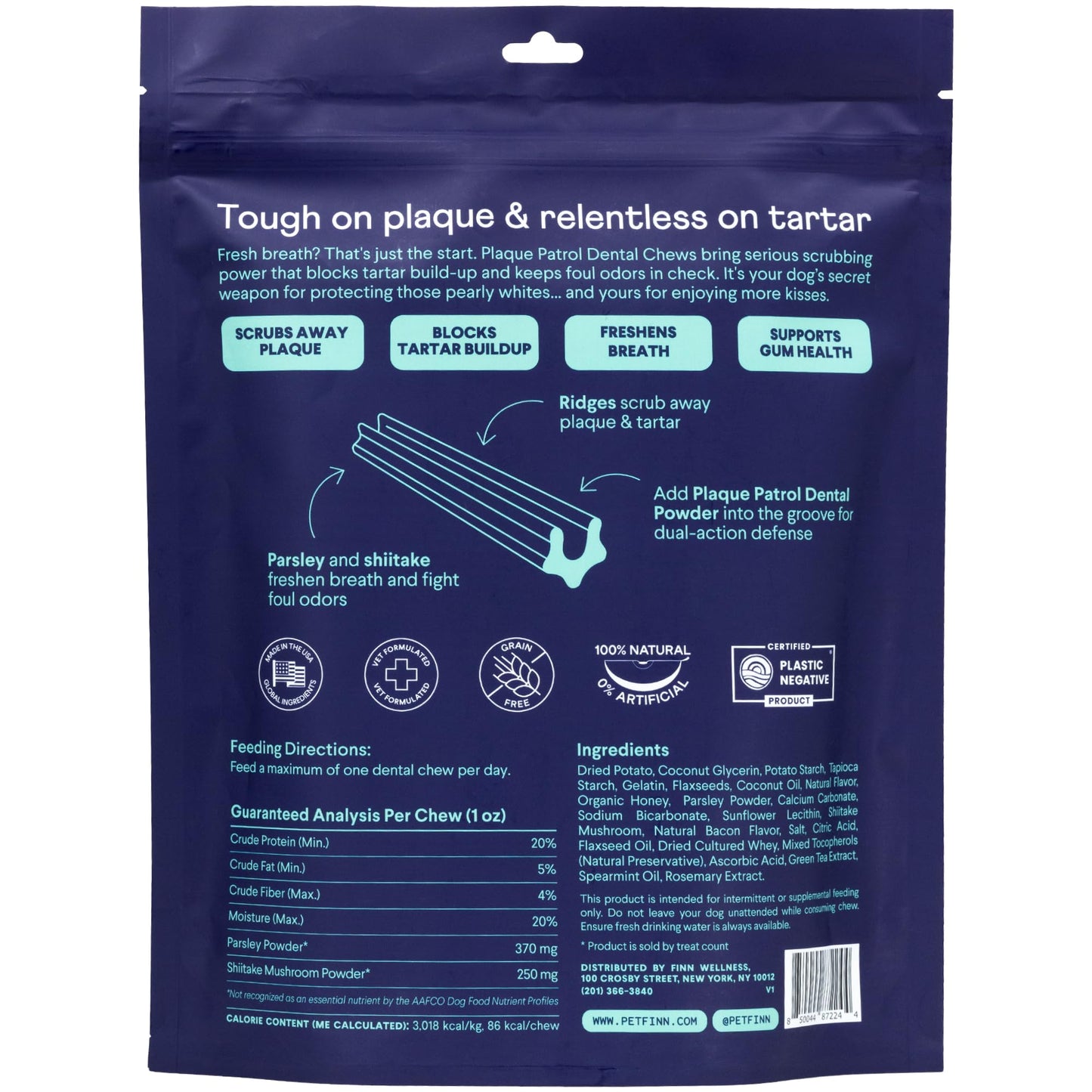Finn Plaque Patrol Dental Chews | Triple-Action Defense Against Plaque, Tartar, and Bad Breath | for Medium/Large Dogs, 25+ lbs
