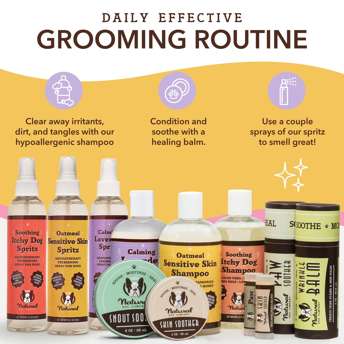 Natural Dog Company Sensitive Skin Shampoo and deodorizing Spray Grooming Bundle, Includes (1) Sensitive Skin Shampoo 12 Oz, (1) Sensitive Skin Dog deodorizing Spray 8 Oz