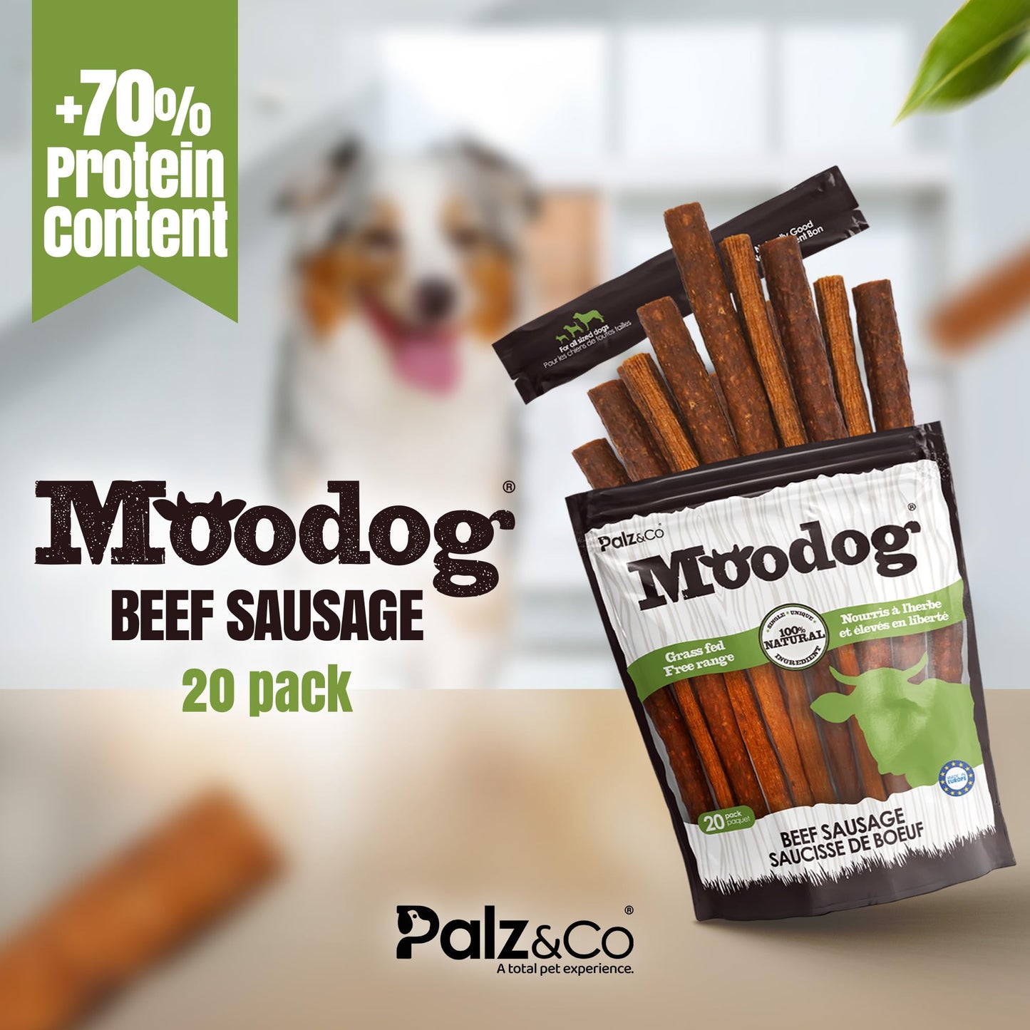 Moodog Beef Sausage Dog Treats - 20 Pack of Soft, All-Natural Grain-Free Chews for Dogs - Supports Dental Health, Joint Care & Stress Relief - No Artificial Additives
