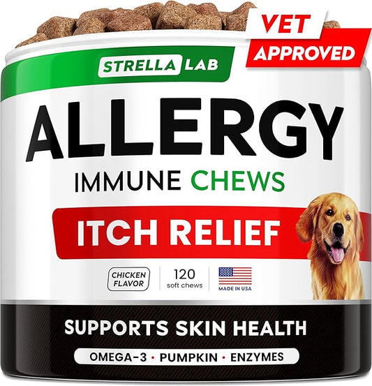 StrellaLab Dog Allergy Relief & Anti Itch Support Chews w/Omega 3: Real Ingredients, Real Taste! Skin & Coat Immune Supplement w/Fish Oil, Pumpkin & Enzymes — Developed by Experts - Made in USA -120Ct