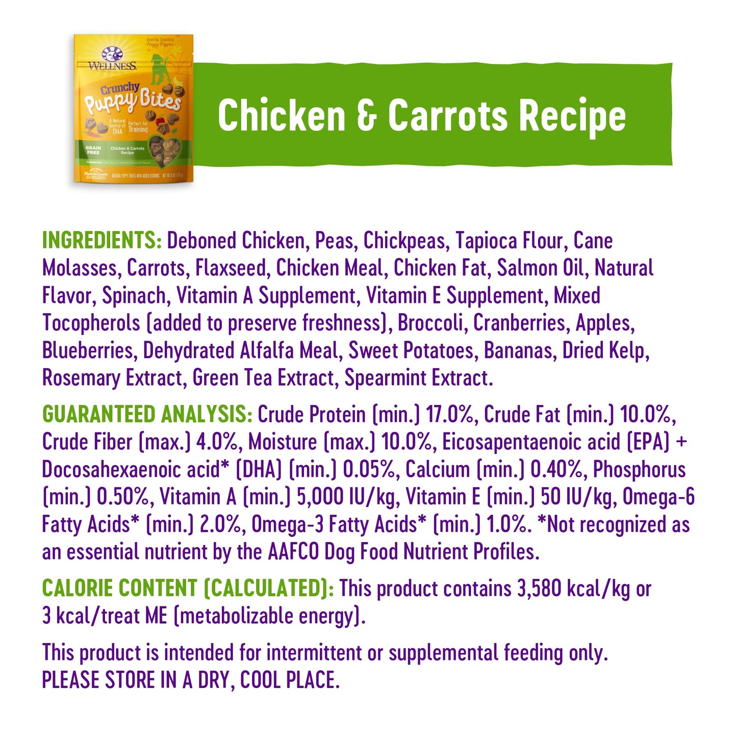 Wellness Puppy Treats, Natural, Training Treat, Grain Free, Crunchy Chicken & Carrot (6 Ounce Bag)