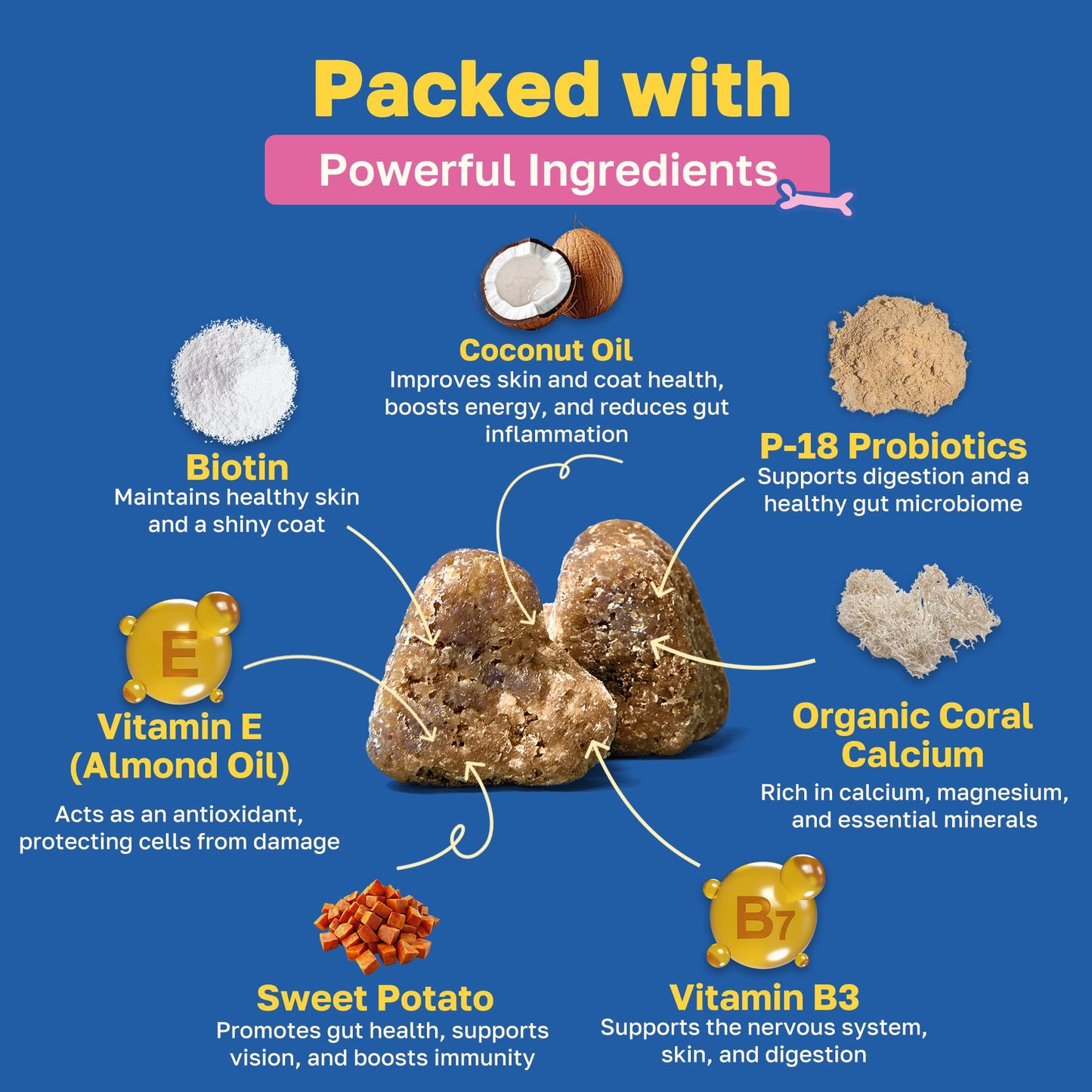Happy Paws Skin and Coat Supplement for Dogs, Soft Chews with Biotin, Coconut Oil, Vitamins B & E, Organic Coral Calcium, P-18 Probiotics, Sweet Potato, Vegan, Organic, Chicken Flavored, 100 Count
